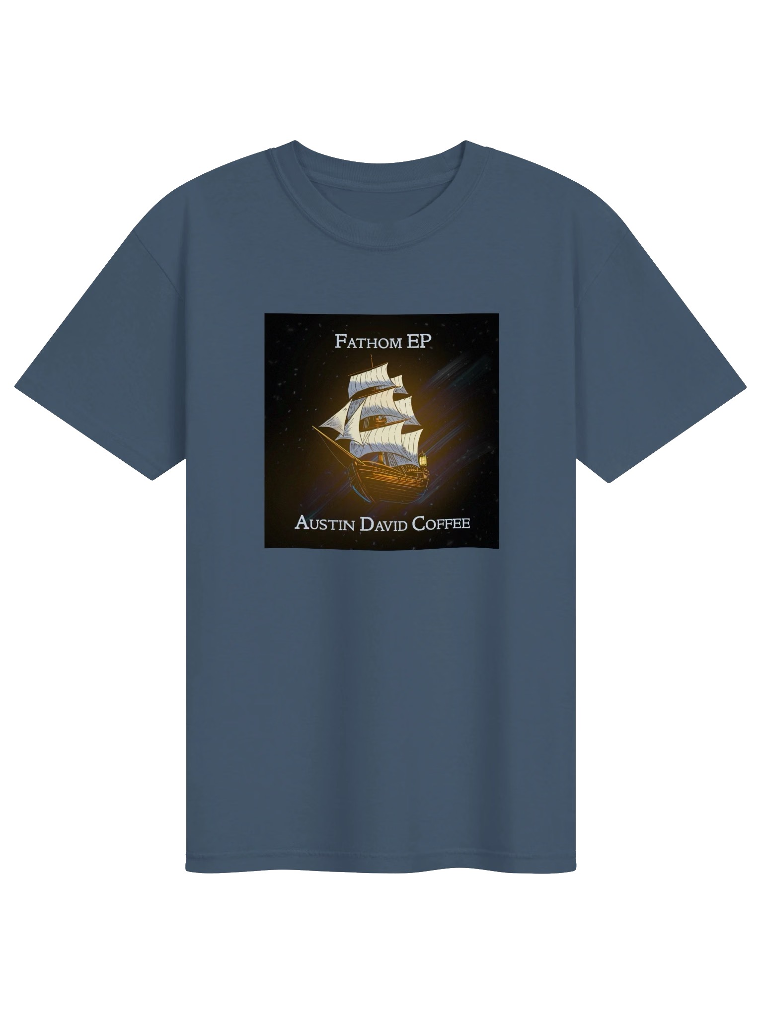 Fathom album cover printed on the front of a grey-blue T-shirt, shown in the official product mockup